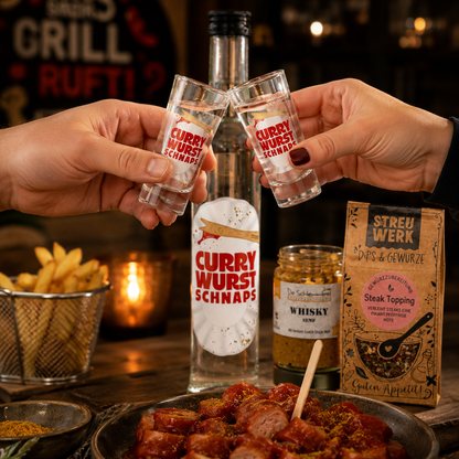 Grill & BBQ Geschenk Set | Gewürze, Senf & Currywurst Spirituose