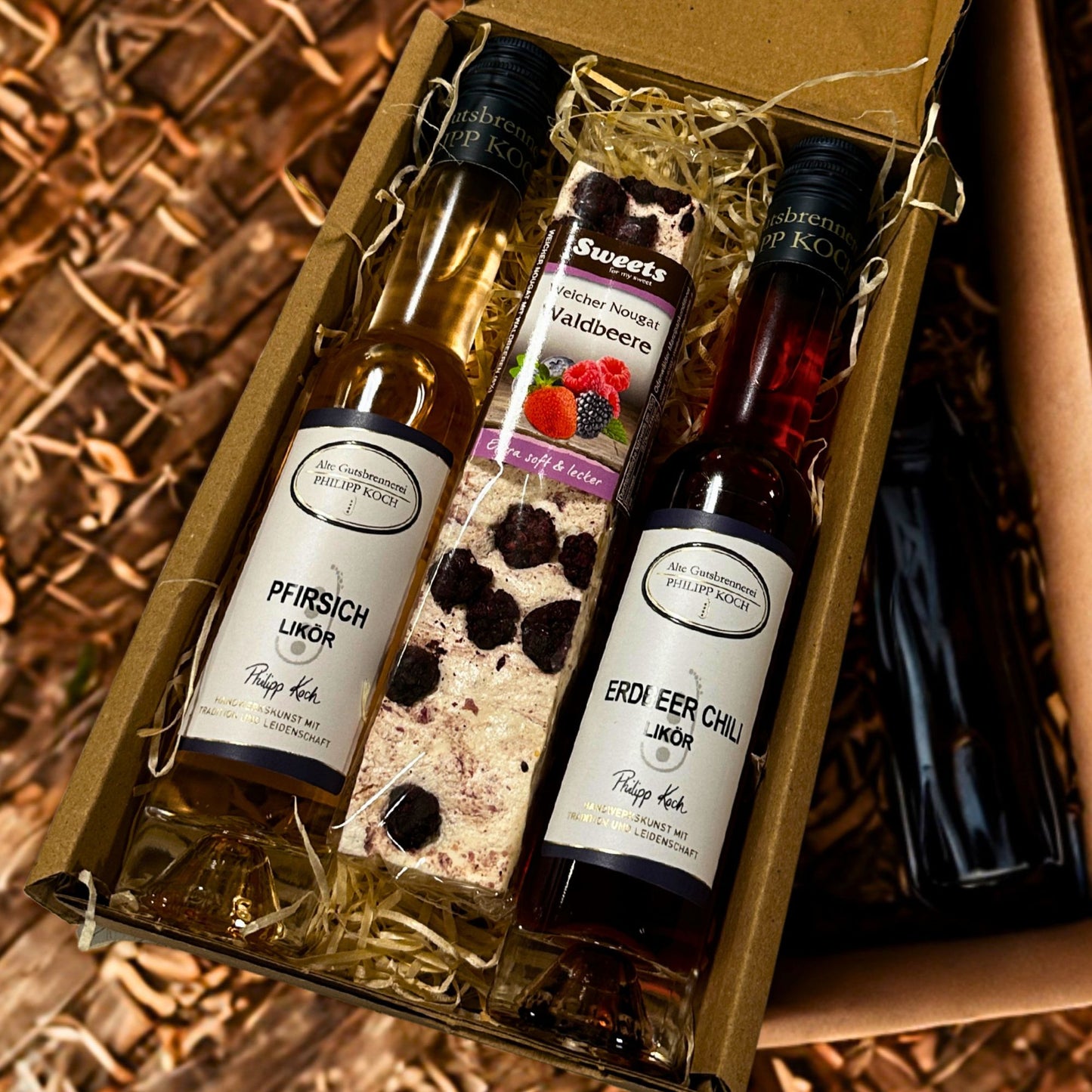Frucht-Likör Geschenk Set | fruchtige Leckerei + Pfirsich-Likör + Erdbeer-Likör mit Chili
