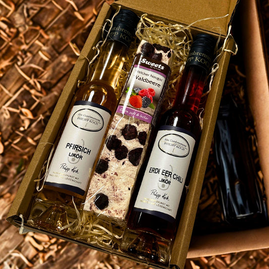Frucht-Likör Geschenk Set | fruchtige Leckerei + Pfirsich-Likör + Erdbeer-Likör mit Chili