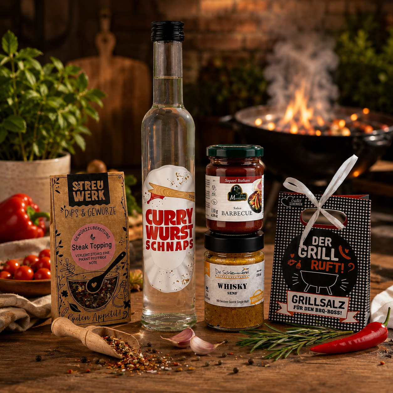 Grill & BBQ Geschenk Set | Gewürze, Senf & Currywurst Spirituose