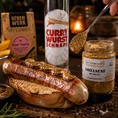 Grill & BBQ Geschenk Set | Gewürze, Senf & Currywurst Spirituose