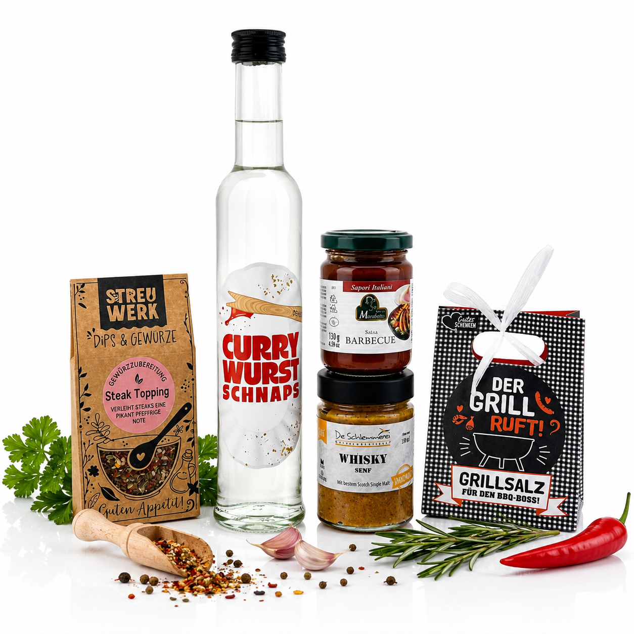 Grill & BBQ Geschenk Set | Gewürze, Senf & Currywurst Spirituose